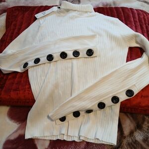 Zara Cream Ribbed Turtleneck Sweater with Black Button Cuffs